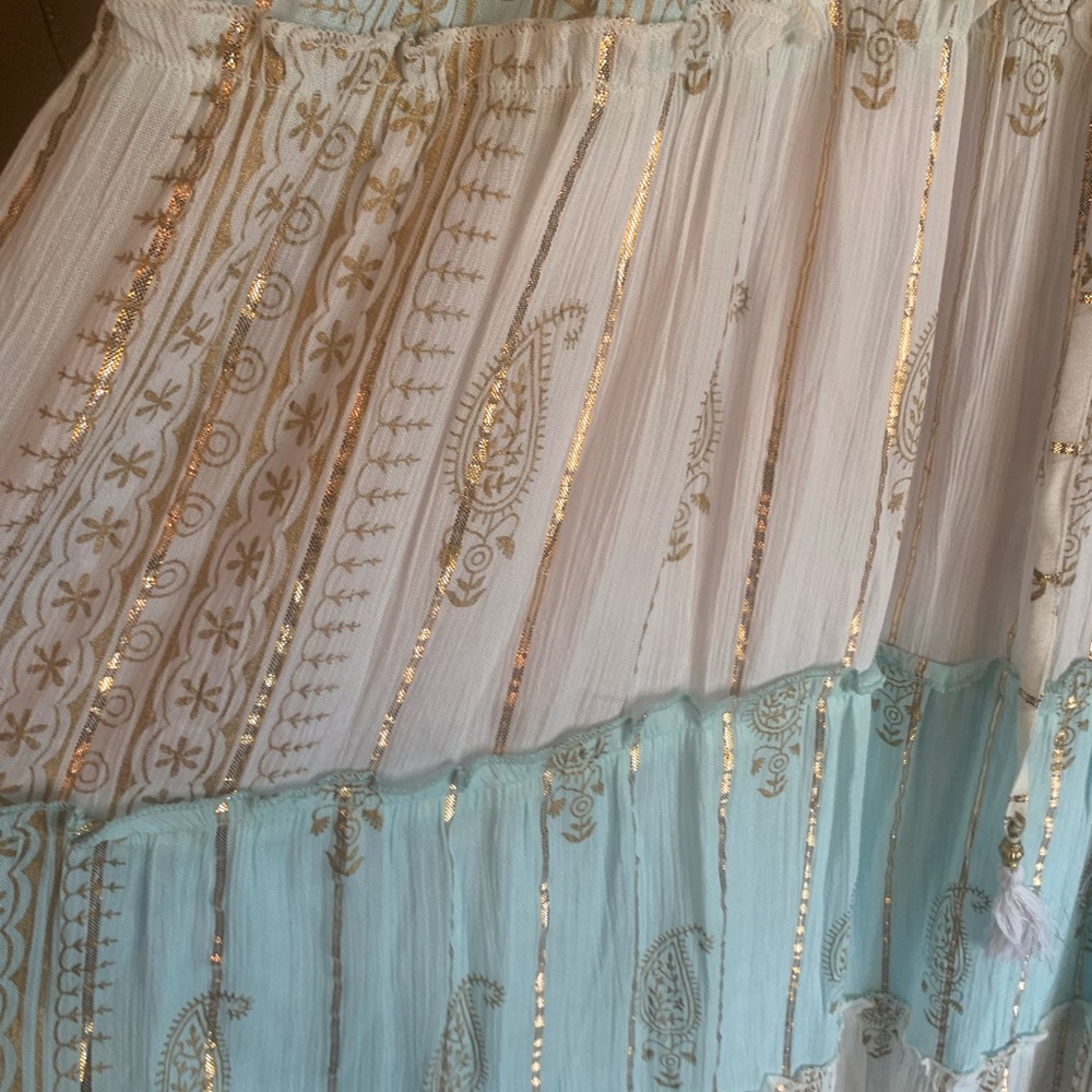 Siddhartha Bohemian Maxi Dress in white and turquoise - Picture 3 of 8